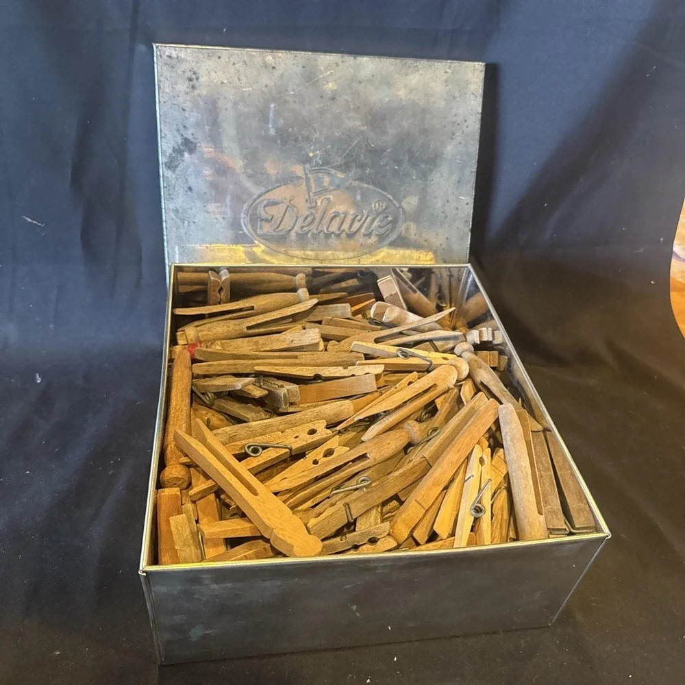 Mixed Lot Of Over 100 Vintage Wood Clothes Pins W/ Metal Delacre Container